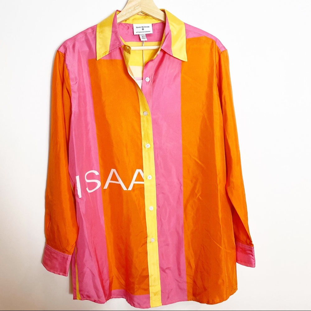 Silk Button down blouse Isaac Mizrahi for Target Pink orange color block top‎